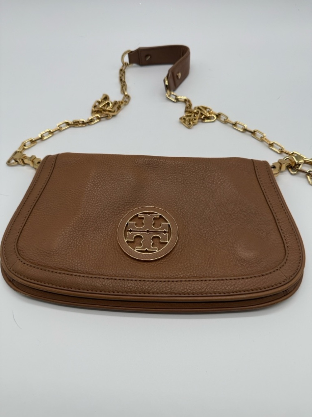 Tory Burch Tan Pebbled Leather Crossbody with Gold Chain